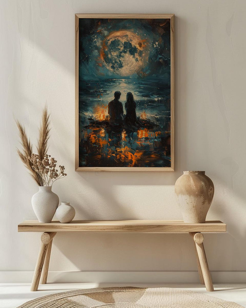 Full Moon Art Print, Witchy Ritual Poster, Mystical Bonfire Wall Art, Spiritual Couple Painting, Gothic Home Decor