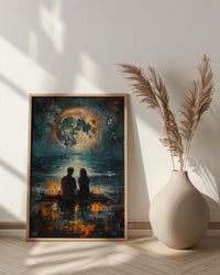 Full Moon Art Print, Witchy Ritual Poster, Mystical Bonfire Wall Art, Spiritual Couple Painting, Gothic Home Decor