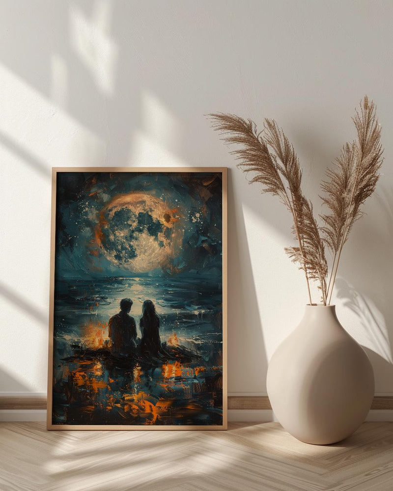 Full Moon Art Print, Witchy Ritual Poster, Mystical Bonfire Wall Art, Spiritual Couple Painting, Gothic Home Decor