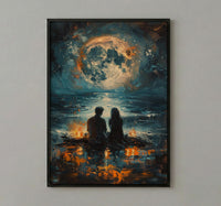 Full Moon Art Print, Witchy Ritual Poster, Mystical Bonfire Wall Art, Spiritual Couple Painting, Gothic Home Decor