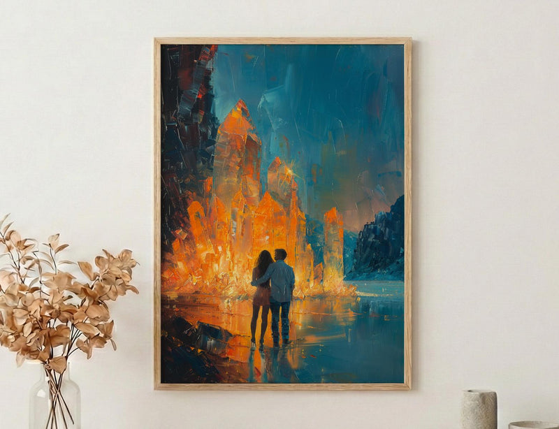 Crystal Cave Poster, Magical Wall Art, Fantasy Adventure Print, Glowing Gems Painting, Mystical Decor