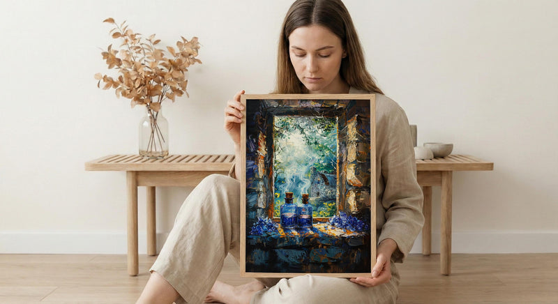 Gothic Wall Art, Witch Cottage Art Print, Spooky Forest Window Poster, Potion Bottles Decor, Dark Academia Painting