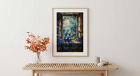 Gothic Wall Art, Witch Cottage Art Print, Spooky Forest Window Poster, Potion Bottles Decor, Dark Academia Painting