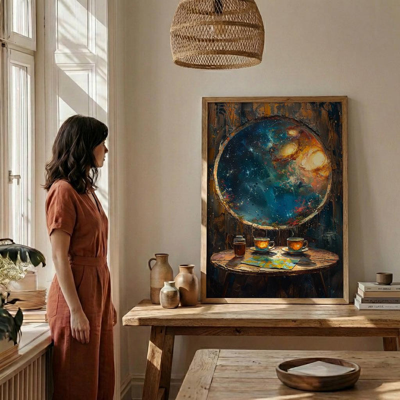 Celestial Wall Art, Cosmic Window Art Print, Space Poster, Round Window View, Star Map Herbal Tea Decor