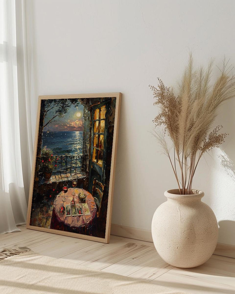 Tarot Poster, Moonlit Garden Art Print, Mystical Window Wall Art, Red Wine Decor, Occult Painting