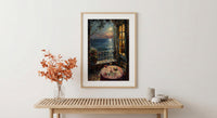 Tarot Poster, Moonlit Garden Art Print, Mystical Window Wall Art, Red Wine Decor, Occult Painting