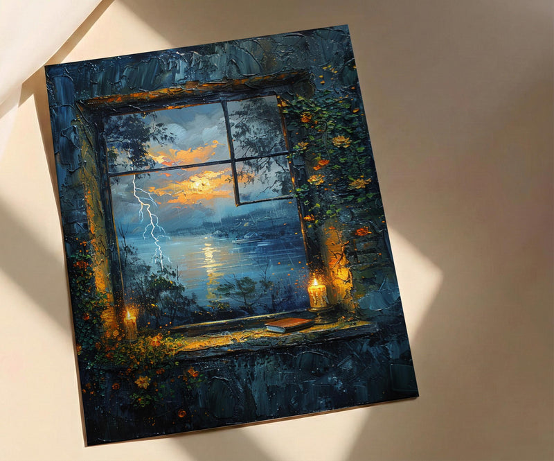 Gothic Art Print, Stormy Window Poster, Castle Wall Art, Burning Candles Decor, Dark Academia Romance Painting