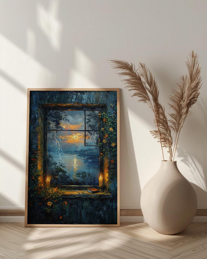 Gothic Art Print, Stormy Window Poster, Castle Wall Art, Burning Candles Decor, Dark Academia Romance Painting