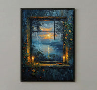 Gothic Art Print, Stormy Window Poster, Castle Wall Art, Burning Candles Decor, Dark Academia Romance Painting