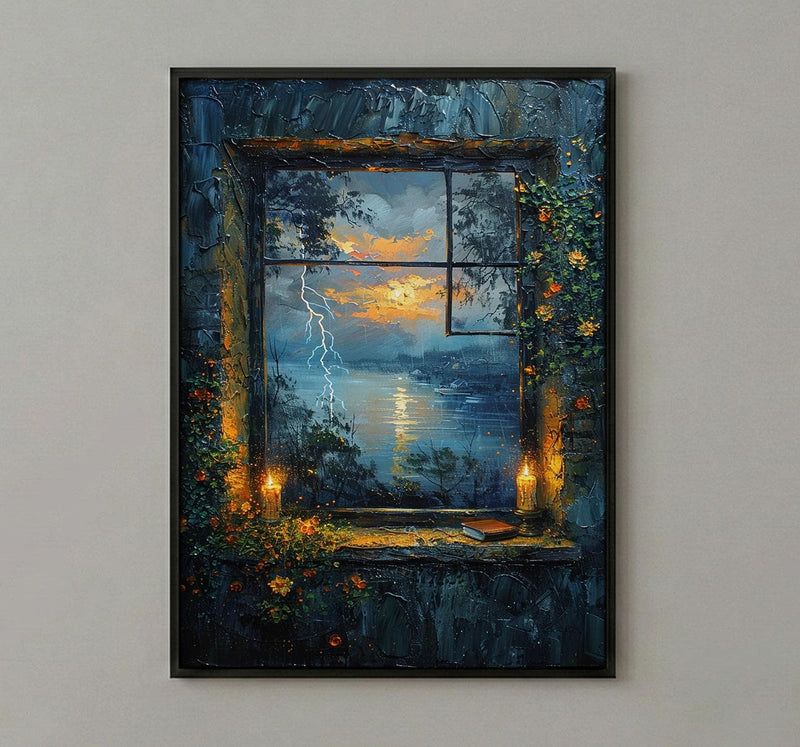 Gothic Art Print, Stormy Window Poster, Castle Wall Art, Burning Candles Decor, Dark Academia Romance Painting