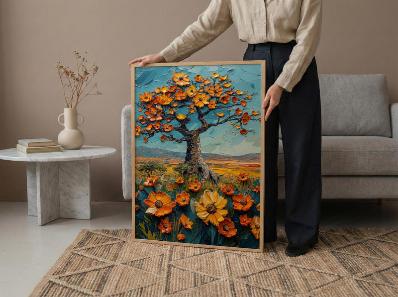 Baobab Tree African Savanna Art Print, Spring Nature Decor - Textured Impasto Oil Painting