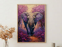 Elephant Jacaranda Tree Wall Art, Purple Floral African Decor - Textured Impasto Oil Painting