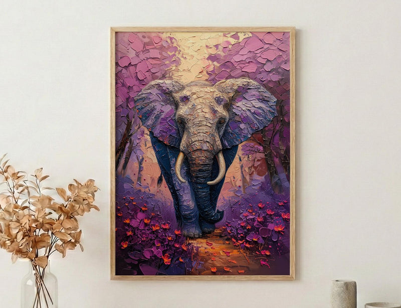 Elephant Jacaranda Tree Wall Art, Purple Floral African Decor - Textured Impasto Oil Painting