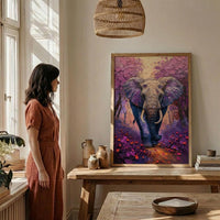 Elephant Jacaranda Tree Wall Art, Purple Floral African Decor - Textured Impasto Oil Painting