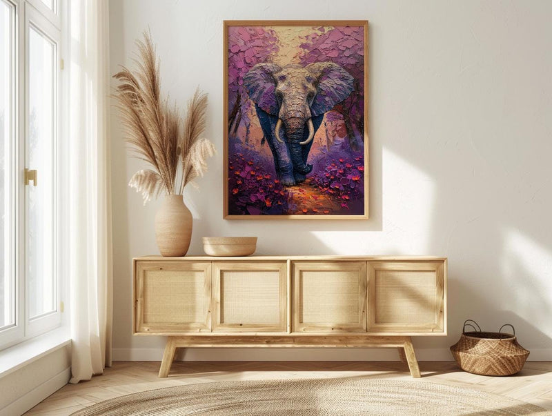 Elephant Jacaranda Tree Wall Art, Purple Floral African Decor - Textured Impasto Oil Painting