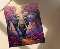 Elephant Jacaranda Tree Wall Art, Purple Floral African Decor - Textured Impasto Oil Painting