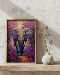 Elephant Jacaranda Tree Wall Art, Purple Floral African Decor - Textured Impasto Oil Painting