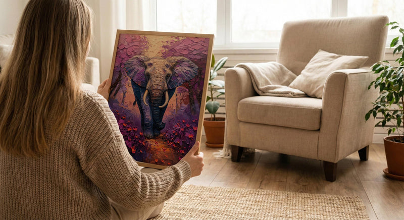 Elephant Jacaranda Tree Wall Art, Purple Floral African Decor - Textured Impasto Oil Painting