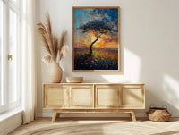 Serengeti Green Savanna Poster, Acacia Tree Nature Wall Decor - Textured Impasto Oil Painting