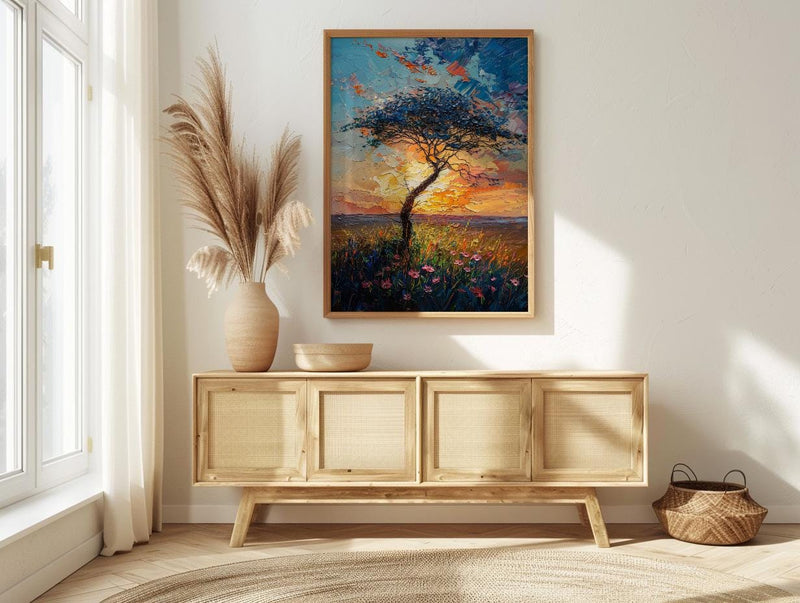 Serengeti Green Savanna Poster, Acacia Tree Nature Wall Decor - Textured Impasto Oil Painting