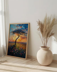 Serengeti Green Savanna Poster, Acacia Tree Nature Wall Decor - Textured Impasto Oil Painting