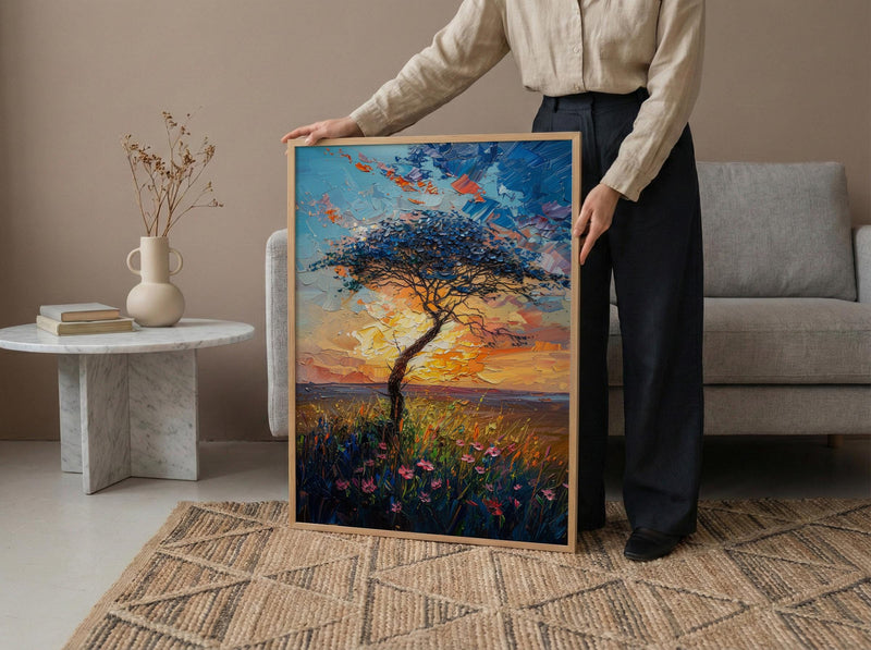 Serengeti Green Savanna Poster, Acacia Tree Nature Wall Decor - Textured Impasto Oil Painting