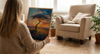 Serengeti Green Savanna Poster, Acacia Tree Nature Wall Decor - Textured Impasto Oil Painting