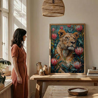 Lioness King Protea Wall Decor, African Wildlife Floral Print - Textured Impasto Oil Painting
