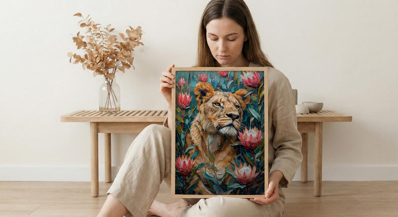 Lioness King Protea Wall Decor, African Wildlife Floral Print - Textured Impasto Oil Painting