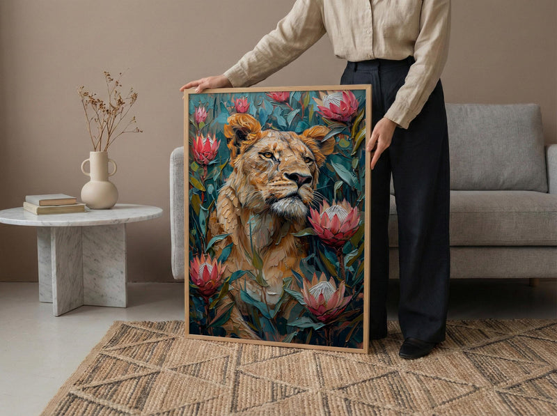 Lioness King Protea Wall Decor, African Wildlife Floral Print - Textured Impasto Oil Painting