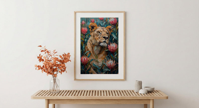 Lioness King Protea Wall Decor, African Wildlife Floral Print - Textured Impasto Oil Painting