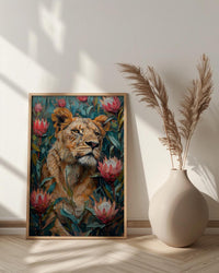 Lioness King Protea Wall Decor, African Wildlife Floral Print - Textured Impasto Oil Painting