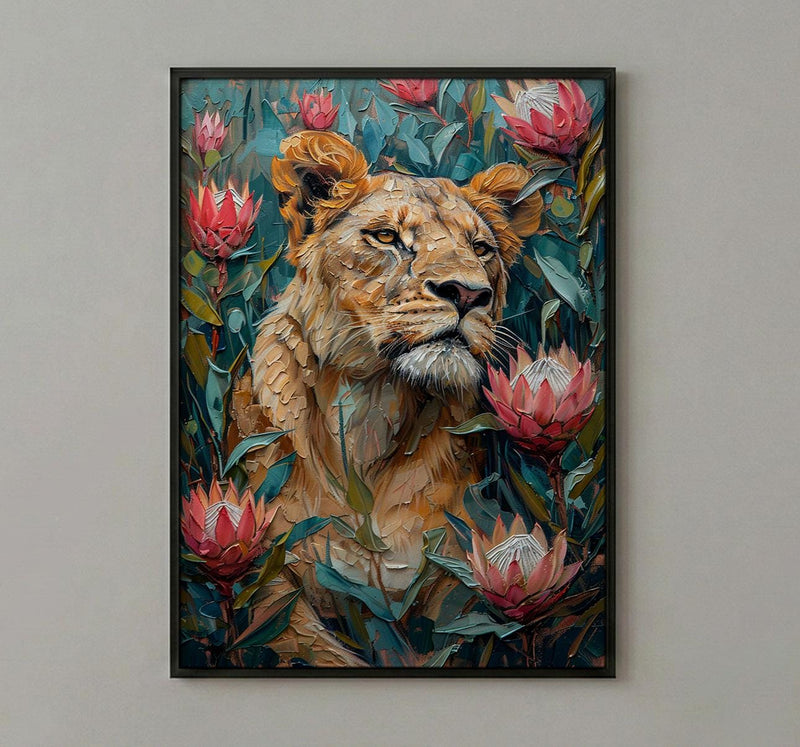 Lioness King Protea Wall Decor, African Wildlife Floral Print - Textured Impasto Oil Painting