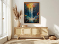 Victoria Falls Rainbow Wall Art, Tropical Waterfall Landscape - Textured Impasto Oil Painting