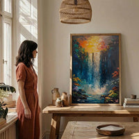 Victoria Falls Rainbow Wall Art, Tropical Waterfall Landscape - Textured Impasto Oil Painting