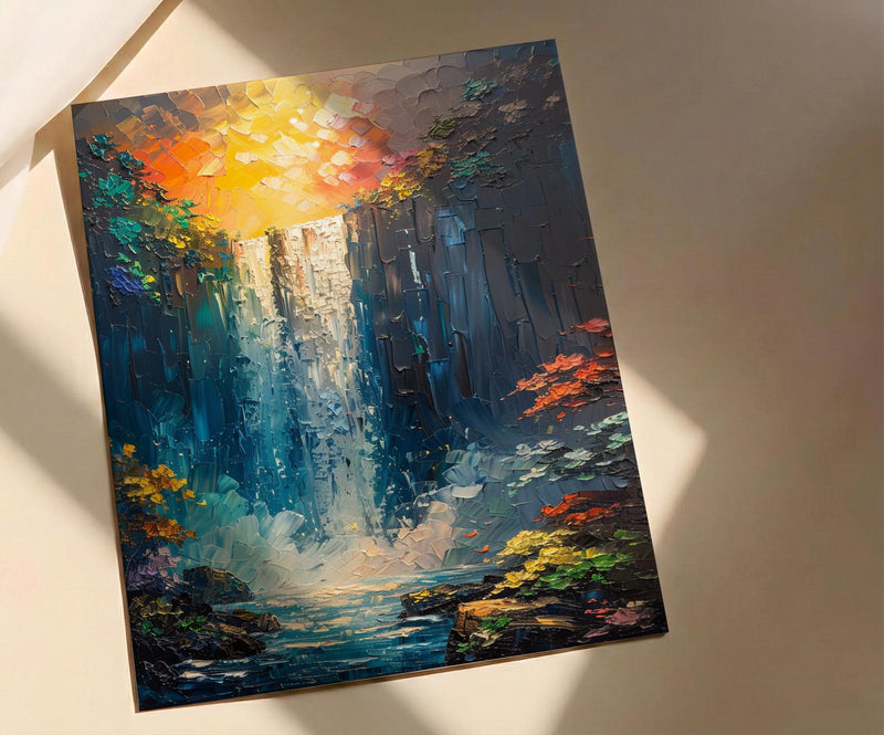 Victoria Falls Rainbow Wall Art, Tropical Waterfall Landscape - Textured Impasto Oil Painting