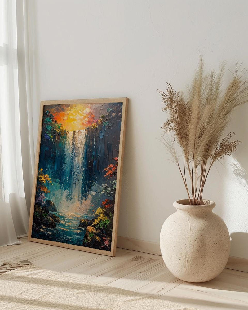 Victoria Falls Rainbow Wall Art, Tropical Waterfall Landscape - Textured Impasto Oil Painting