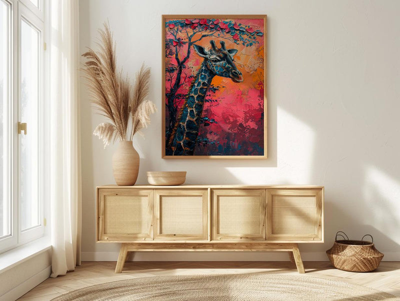 Giraffe Pastel Sunset Poster, Safari Nursery Wall Decor Print - Textured Impasto Oil Painting