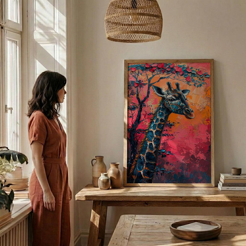 Giraffe Pastel Sunset Poster, Safari Nursery Wall Decor Print - Textured Impasto Oil Painting