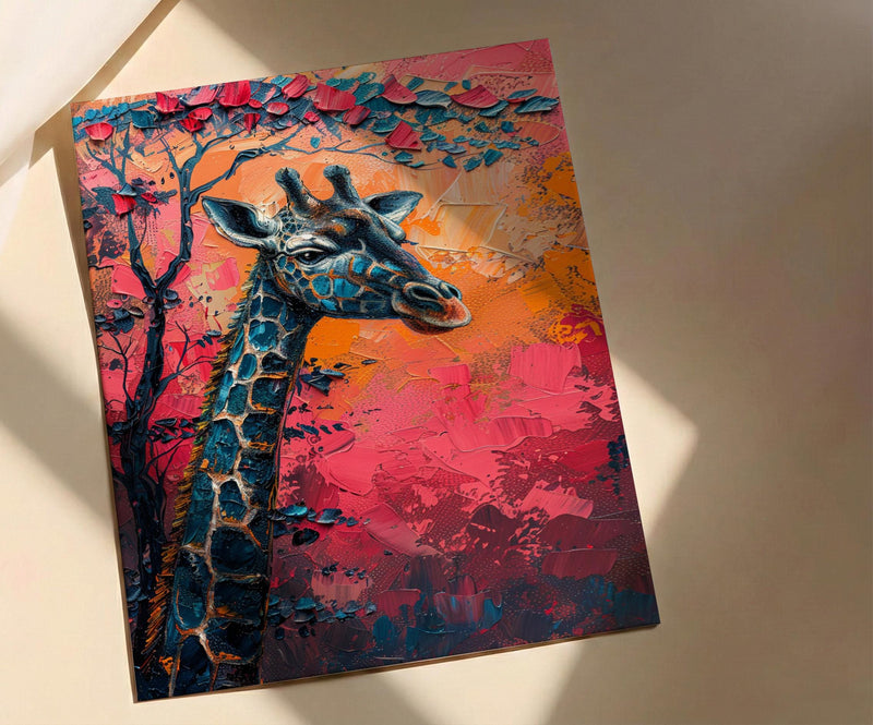Giraffe Pastel Sunset Poster, Safari Nursery Wall Decor Print - Textured Impasto Oil Painting