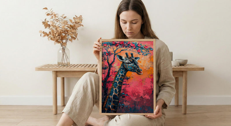 Giraffe Pastel Sunset Poster, Safari Nursery Wall Decor Print - Textured Impasto Oil Painting