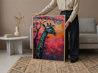 Giraffe Pastel Sunset Poster, Safari Nursery Wall Decor Print - Textured Impasto Oil Painting
