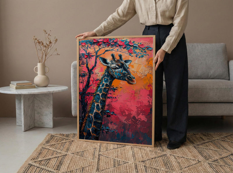 Giraffe Pastel Sunset Poster, Safari Nursery Wall Decor Print - Textured Impasto Oil Painting