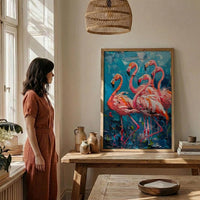 Pink Flamingo Blue Lake Wall Art, Tropical Bird Nature Poster - Textured Impasto Oil Painting