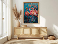 Pink Flamingo Blue Lake Wall Art, Tropical Bird Nature Poster - Textured Impasto Oil Painting