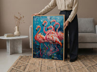 Pink Flamingo Blue Lake Wall Art, Tropical Bird Nature Poster - Textured Impasto Oil Painting