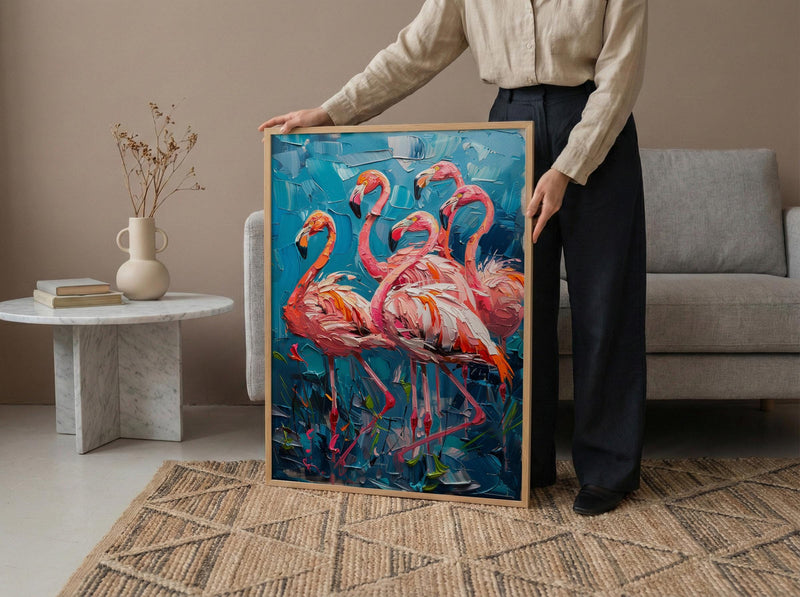 Pink Flamingo Blue Lake Wall Art, Tropical Bird Nature Poster - Textured Impasto Oil Painting