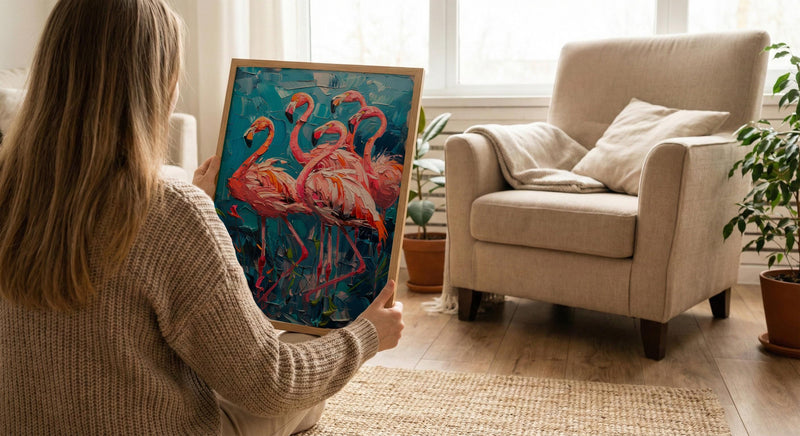 Pink Flamingo Blue Lake Wall Art, Tropical Bird Nature Poster - Textured Impasto Oil Painting