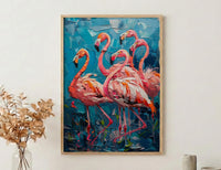 Pink Flamingo Blue Lake Wall Art, Tropical Bird Nature Poster - Textured Impasto Oil Painting