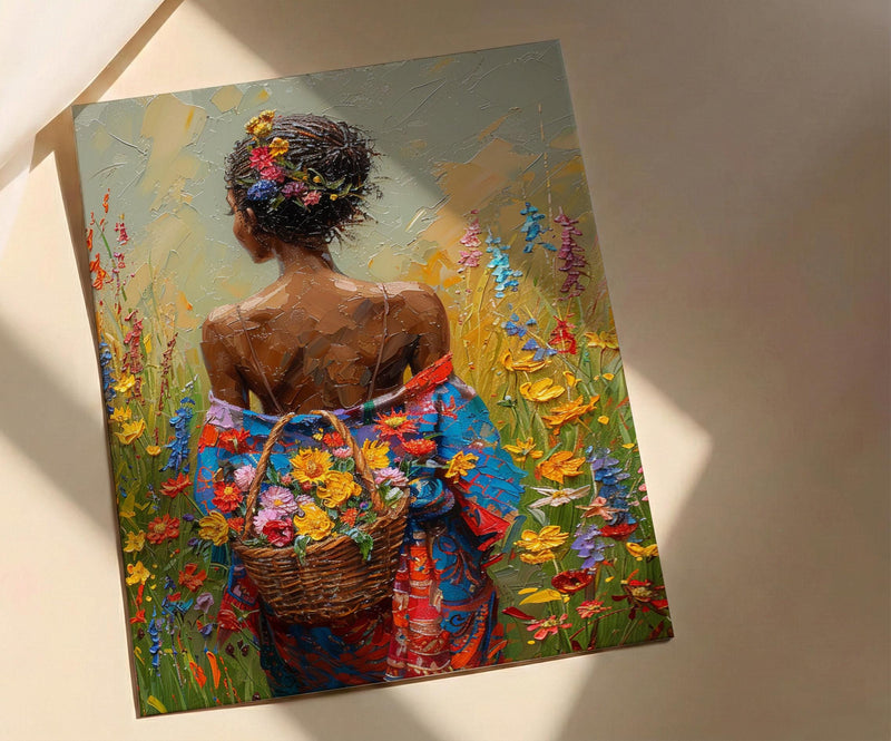 African Woman Floral Art Print, Cultural Female Wall Decor - Textured Impasto Oil Painting